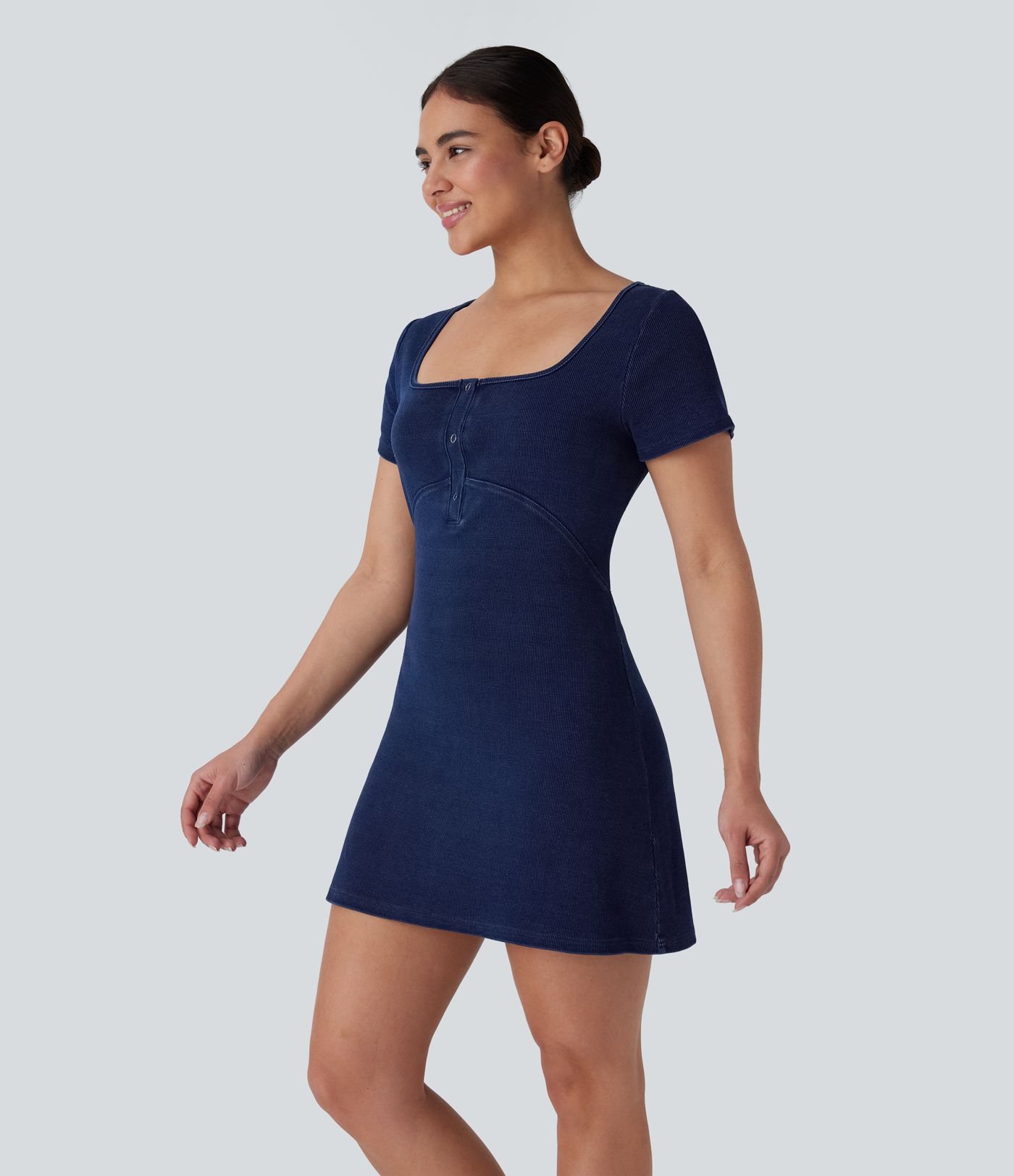 Halara Flex™ Square Neck Snap Button Mini Stretchy Knit Denim Casual Dress