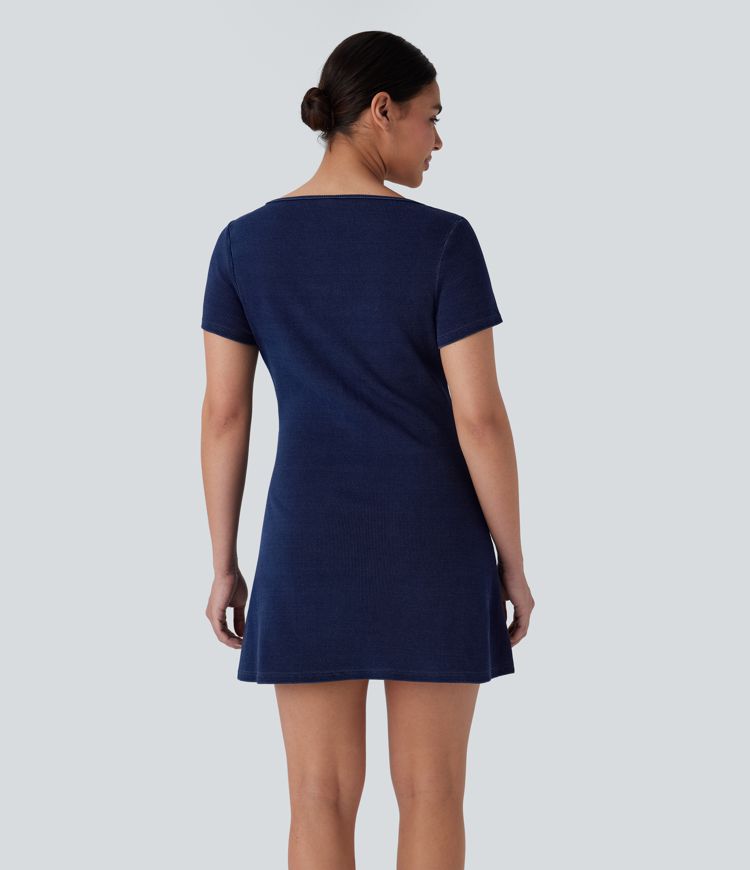 Halara Flex™ Square Neck Snap Mini Denim Casual Dress