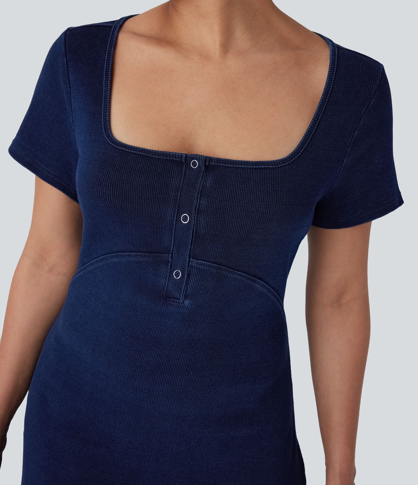 Halara Flex™ Square Neck Snap Button Mini Stretchy Knit Denim Casual Dress