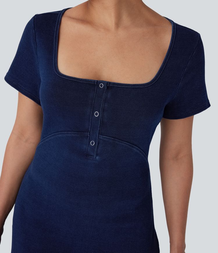 Mini Vestido Halara Flex™ Denim mezclilla elástico botón presión cuello cuadrado