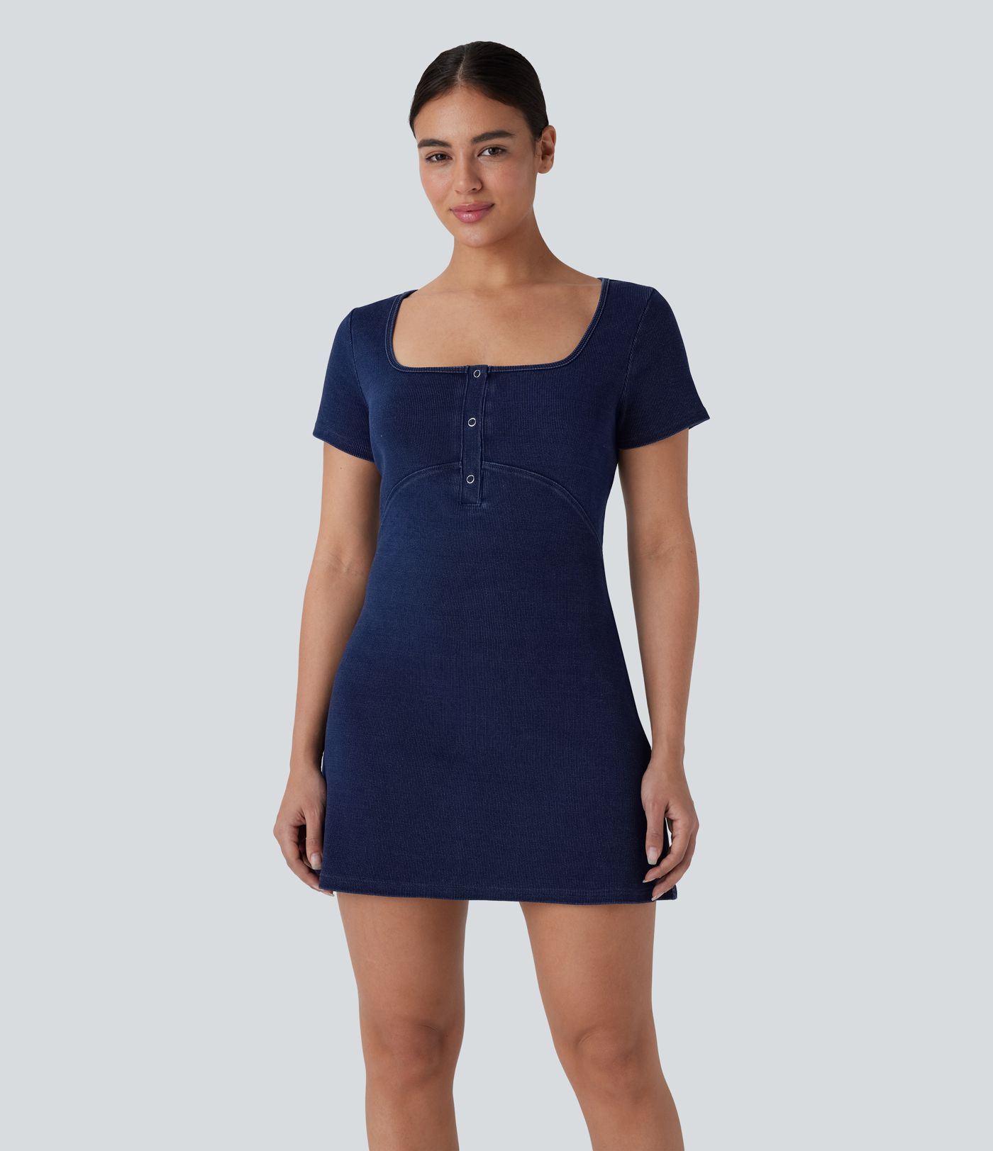 Halara Flex™ Square Neck Snap Button Mini Stretchy Knit Denim Casual Dress