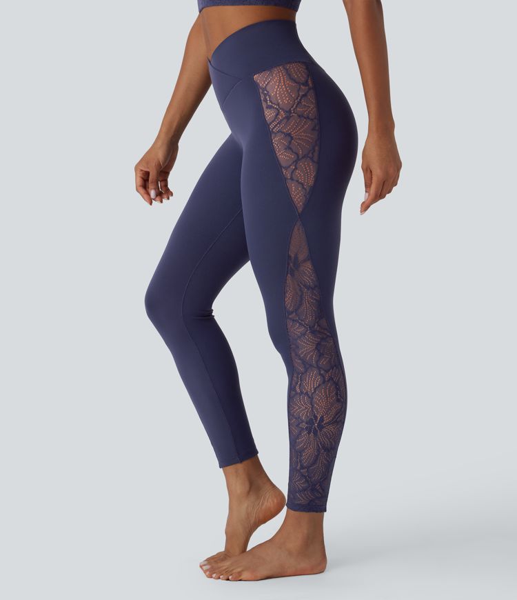 Softlyzero™ High Waisted Crossover Contrast Lace Back Pocket Yoga Leggings-UPF50+