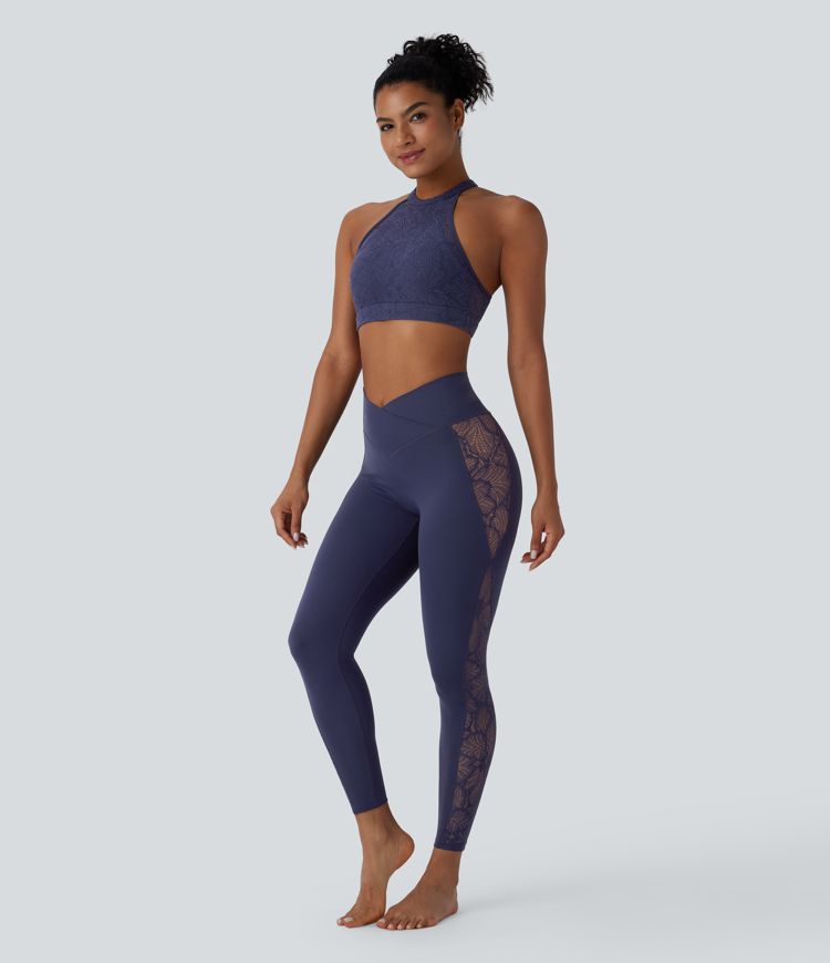SoftlyZero™ High Waisted Crossover Contrast Lace Pocket Yoga Leggings-UPF50+