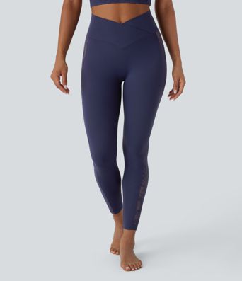SoftlyZero™ High Waisted Crossover Contrast Lace Pocket Yoga Leggings-UPF50+