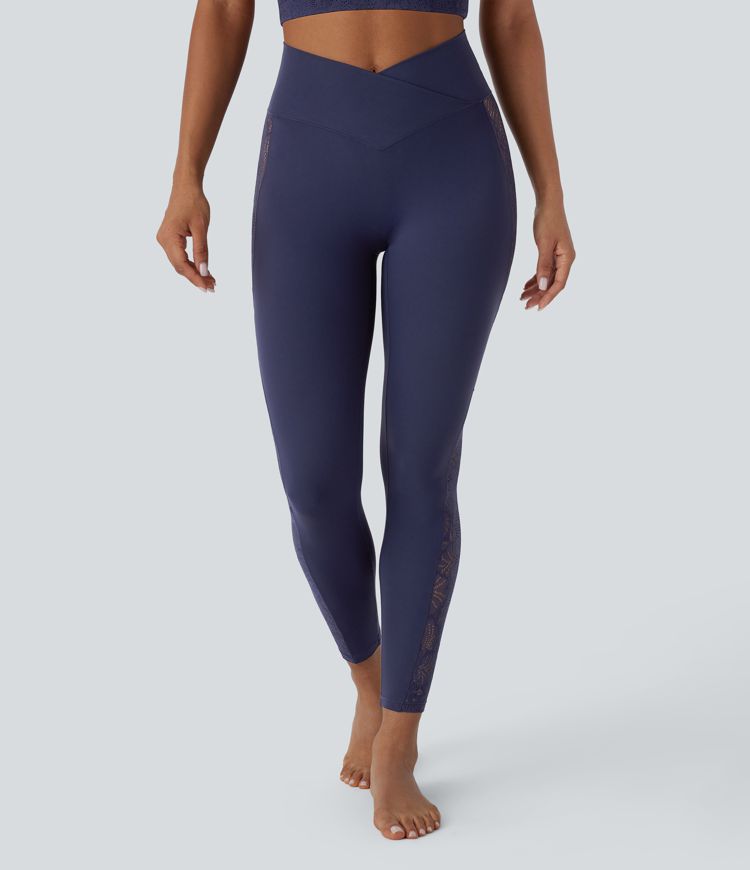 SoftlyZero™ High Waisted Crossover Contrast Lace Pocket Yoga Leggings-UPF50+