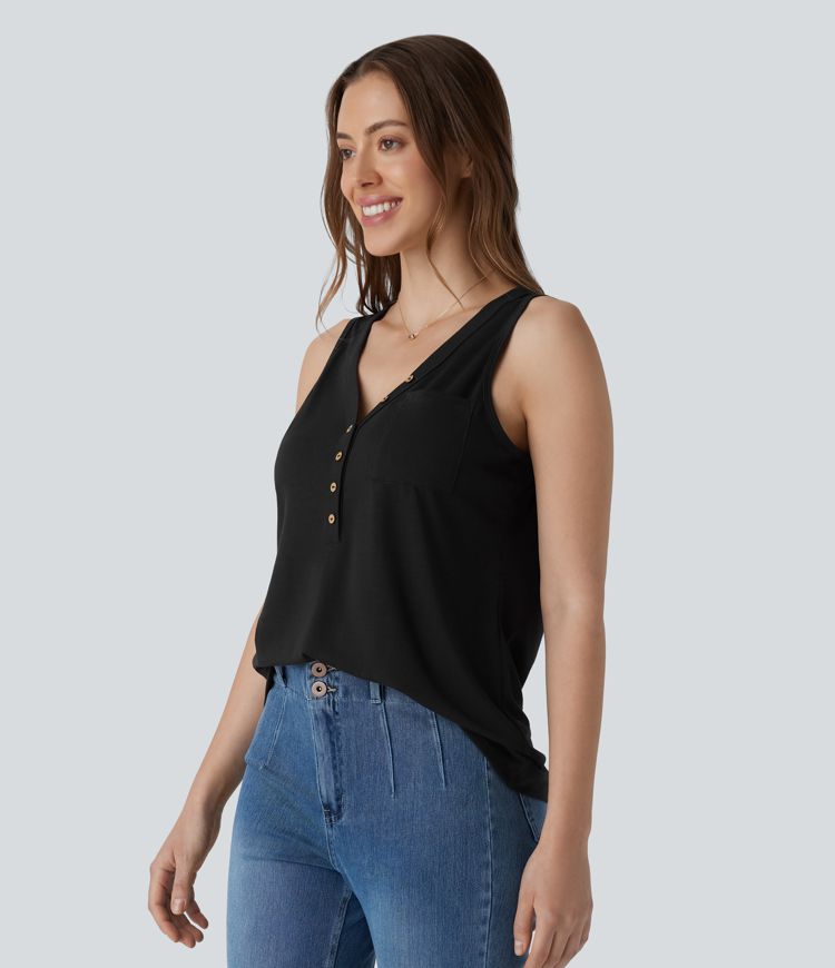 V Neck Sleeveless Decorative Casual Top