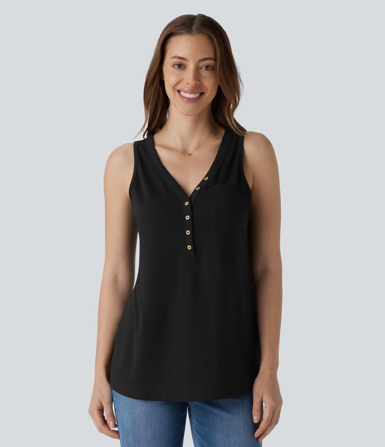 V Neck Sleeveless Decorative Casual Top