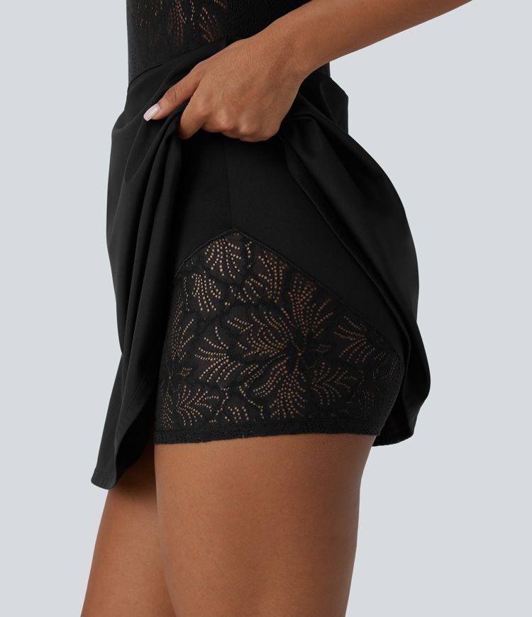 Mini Vestido Softlyzero™ Airy yoga activo cuello V sin espalda encaje contrastante 2 en 1 tacto fresco - UPF 50+