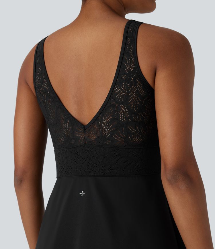 Mini Vestido Softlyzero™ Airy yoga activo cuello V sin espalda encaje contrastante 2 en 1 tacto fresco - UPF 50+