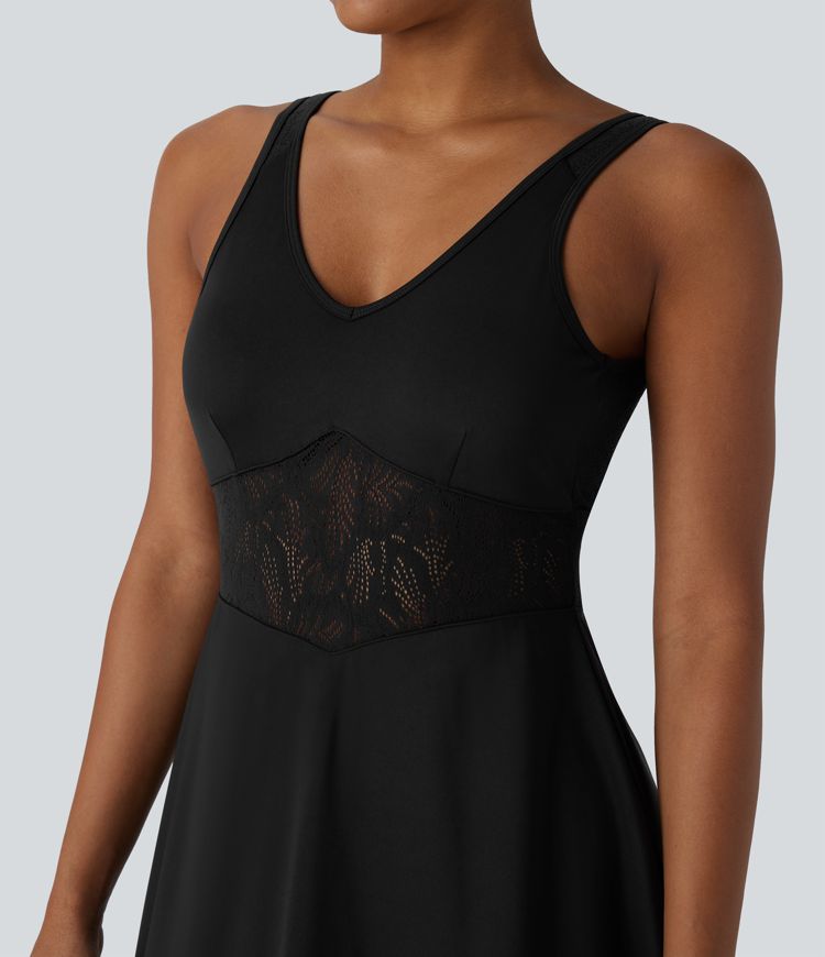 Mini Vestido Softlyzero™ Airy yoga activo cuello V sin espalda encaje contrastante 2 en 1 tacto fresco - UPF 50+