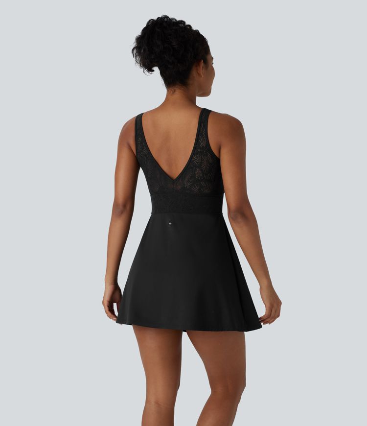 Mini Vestido Softlyzero™ Airy yoga activo cuello V sin espalda encaje contrastante 2 en 1 tacto fresco - UPF 50+