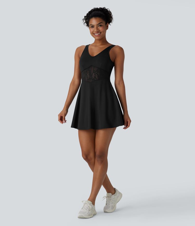 Mini Vestido Softlyzero™ Airy yoga activo cuello V sin espalda encaje contrastante 2 en 1 tacto fresco - UPF 50+