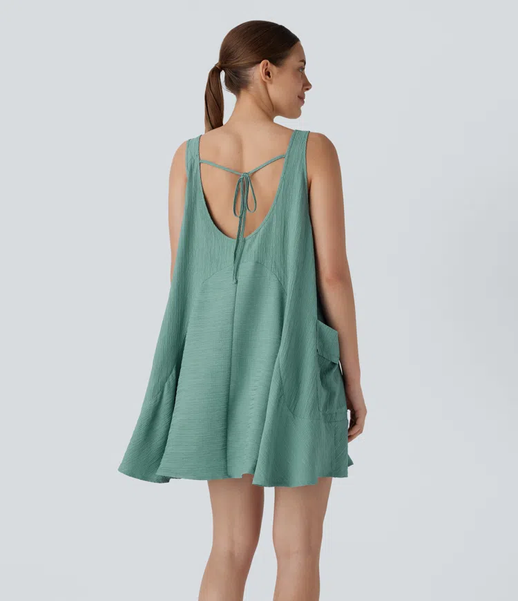 Tie Back Sleeveless Flowy Mini Casual Tunic Dress with Pockets