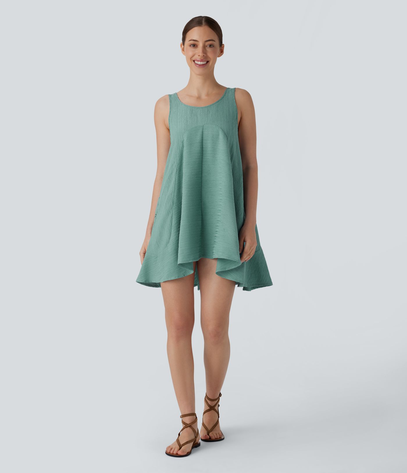 Tie Back Sleeveless Flowy Mini Casual Tunic Dress with Pockets
