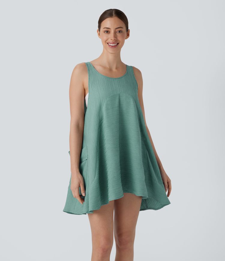 Tie Back Sleeveless Flowy Mini Casual Tunic Dress with Pockets