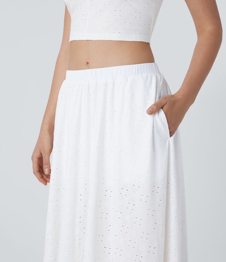 Low Rise Eyelet 2-in-1 Flowy Midi Skirt with Pockets