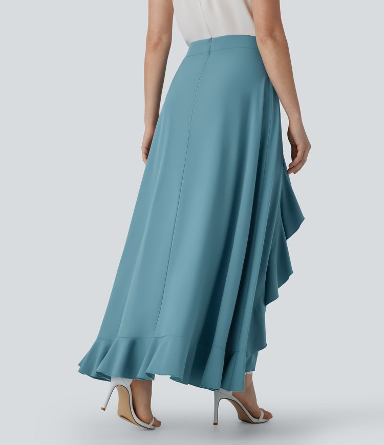 Breezeful™ High Waisted Tie Front Invisible Zipper Side Pocket Ruffle Flowy Quick Dry Work Pants