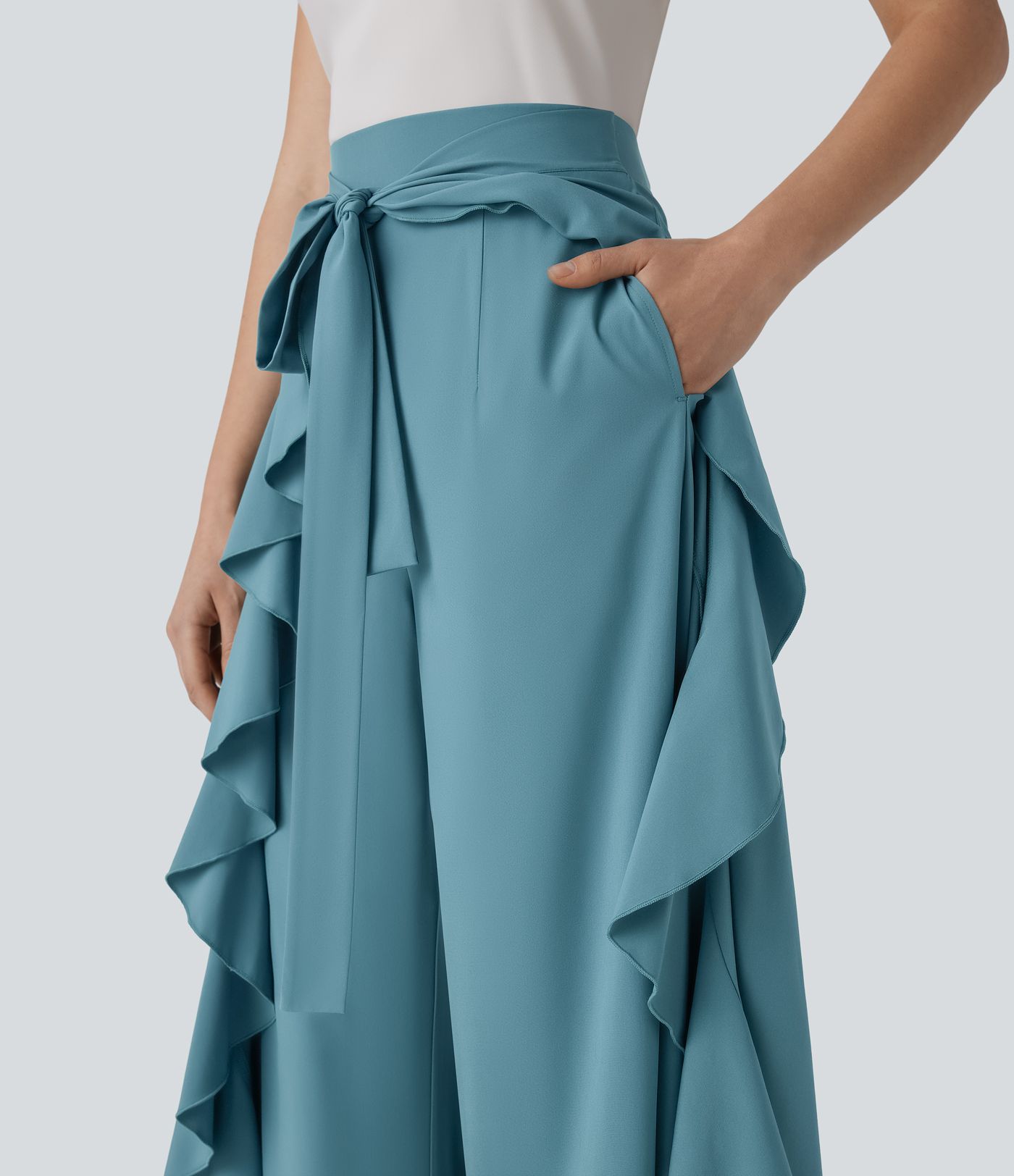 Pantalon de Costume Breezeful™ à Taille Haute, Attache Avant, Fermeture Éclair Invisible, Poches Latérales, Volants et Coupe Fluide à Séchage Rapide