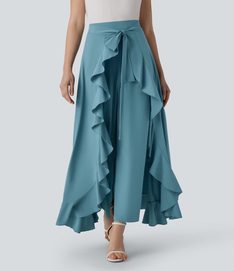Breezeful™ High Waisted Tie Front Invisible Zipper Side Pocket Ruffle Flowy Quick Dry Work Pants