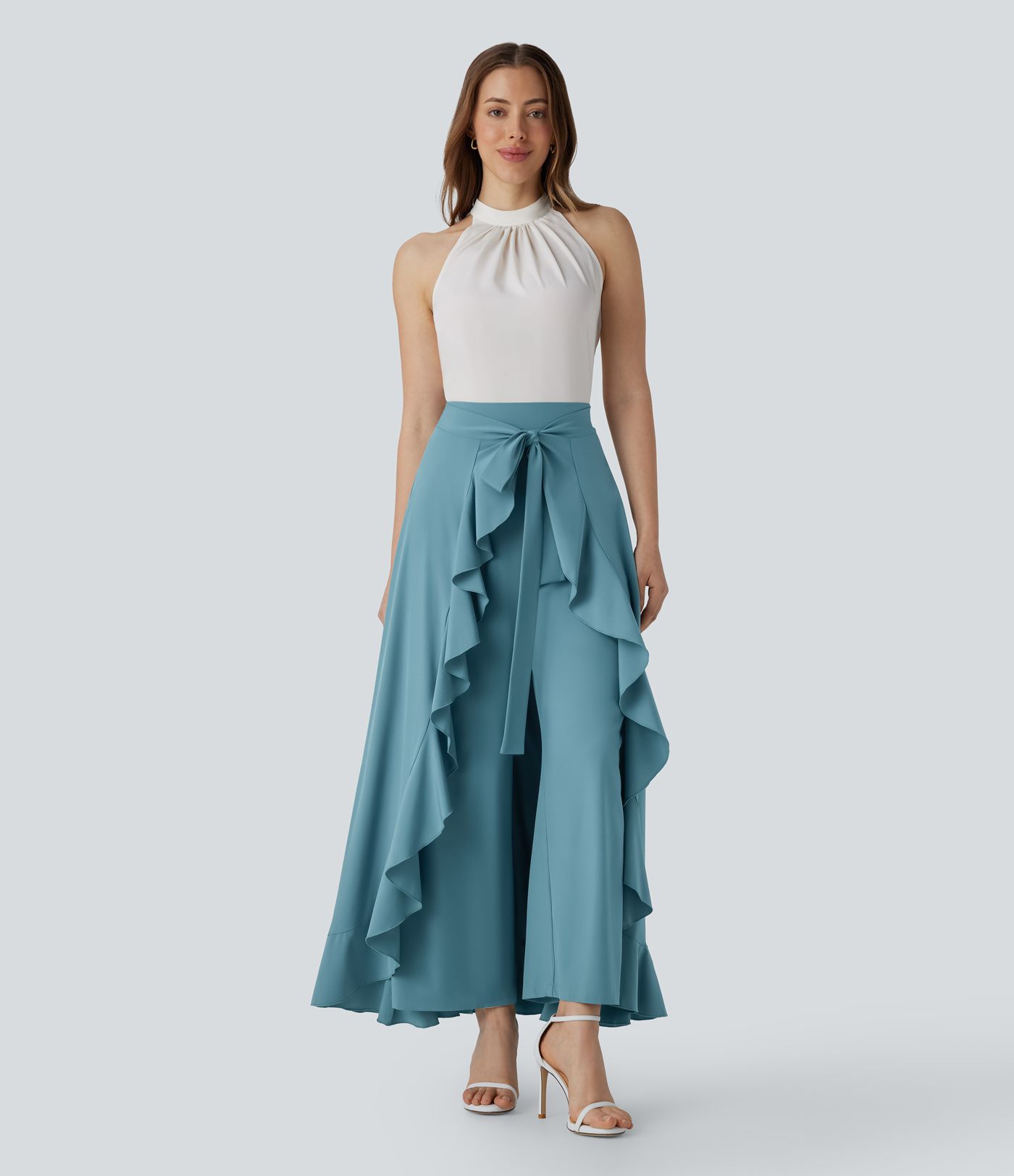 Pantalon de Costume Breezeful™ à Taille Haute, Attache Avant, Fermeture Éclair Invisible, Poches Latérales, Volants et Coupe Fluide à Séchage Rapide