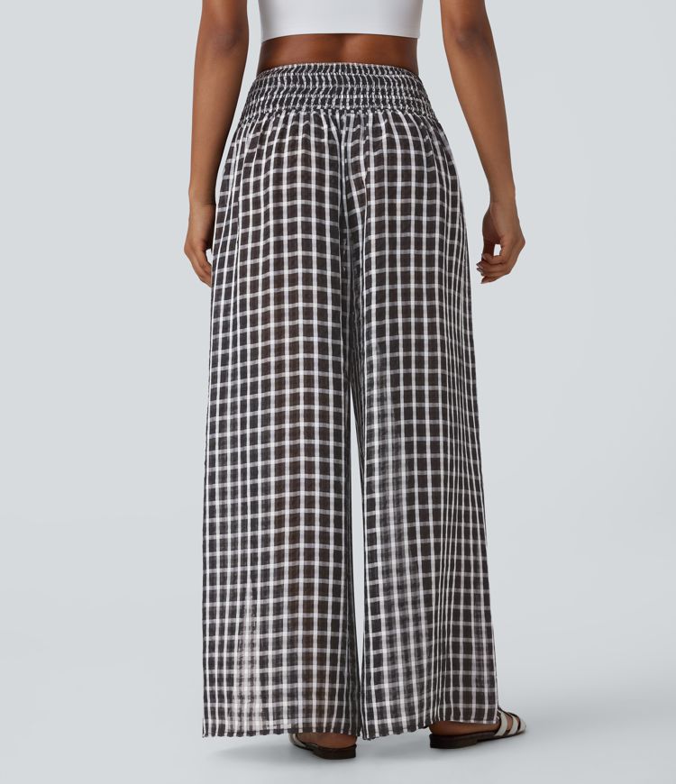 High Waisted Shirred Split Plaid Flowy Casual Wide Leg Pants