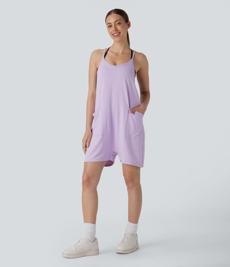 V Neck Sleeveless Pocket Casual Slip Jumpsuit