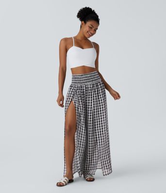 Casual wide-leg, high-waisted, gathered, split, checked trousers