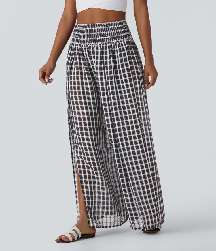 High Waisted Shirred Split Plaid Flowy Casual Wide Leg Pants