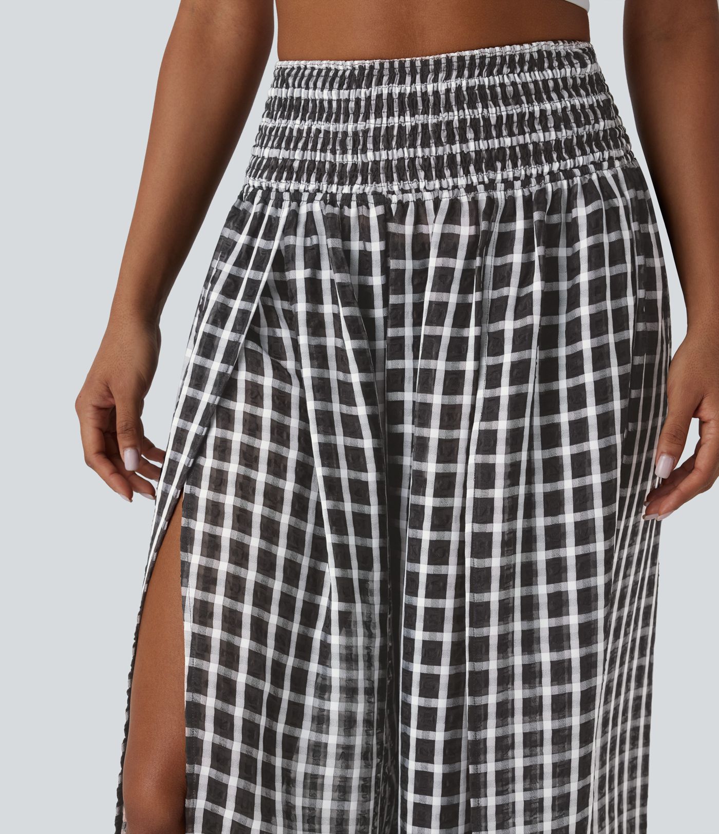 Casual wide-leg, high-waisted, gathered, split, checked trousers