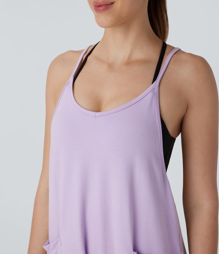 V Neck Sleeveless Pocket Casual Slip Jumpsuit