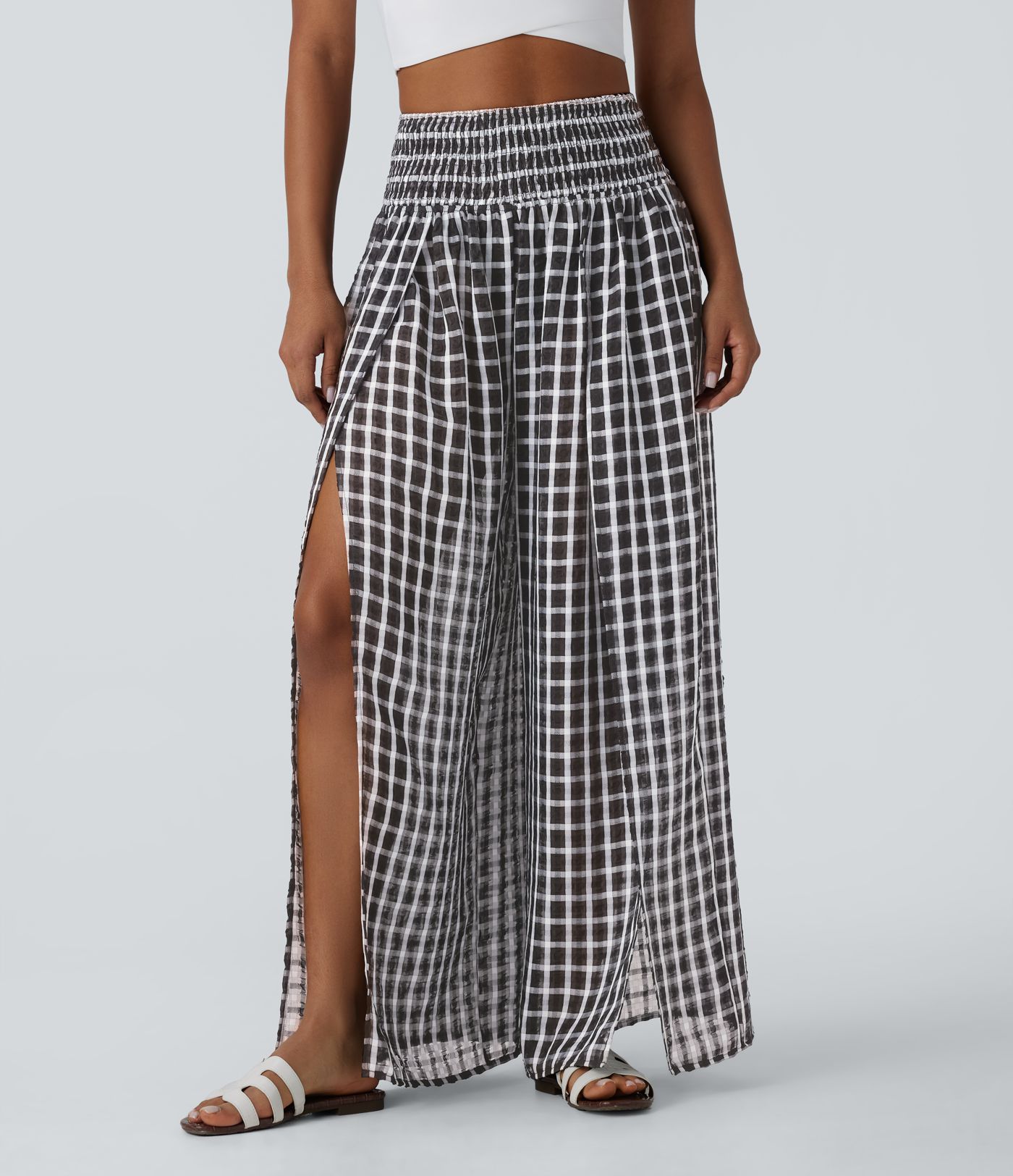 Casual wide-leg, high-waisted, gathered, split, checked trousers