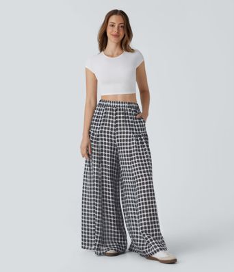 High Waisted Pocket Wide Leg Flowy Plaid Casual Pants