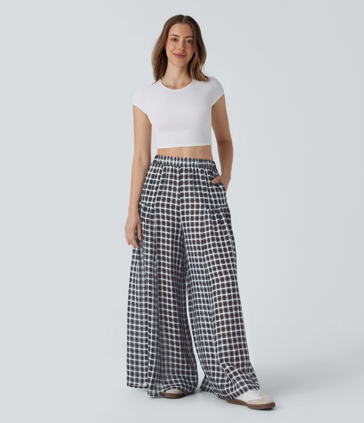 High Waisted Pocket Wide Leg Flowy Plaid Casual Pants