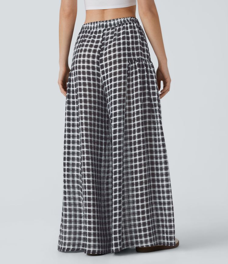 High Waisted Pocket Wide Leg Flowy Plaid Casual Pants