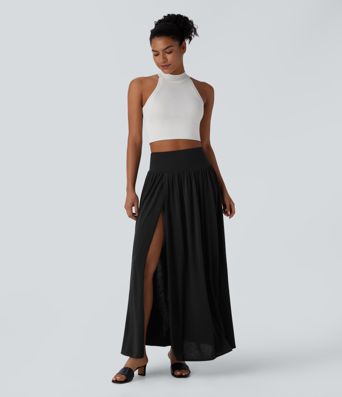 High Waisted 2-in-1 Flowy Maxi Casual Skirt