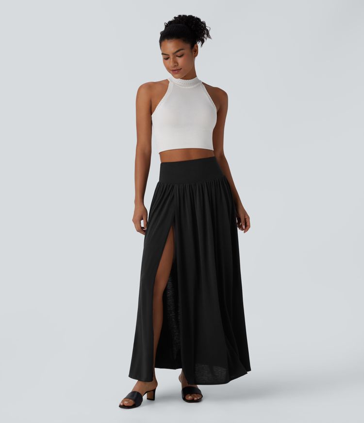 High Waisted 2-in-1 Flowy Maxi Casual Skirt