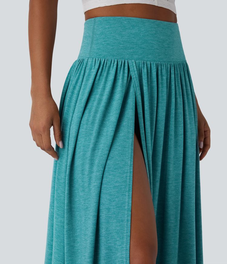 Jupe décontractée maxi fluide 2-en-1 taille haute avec fente