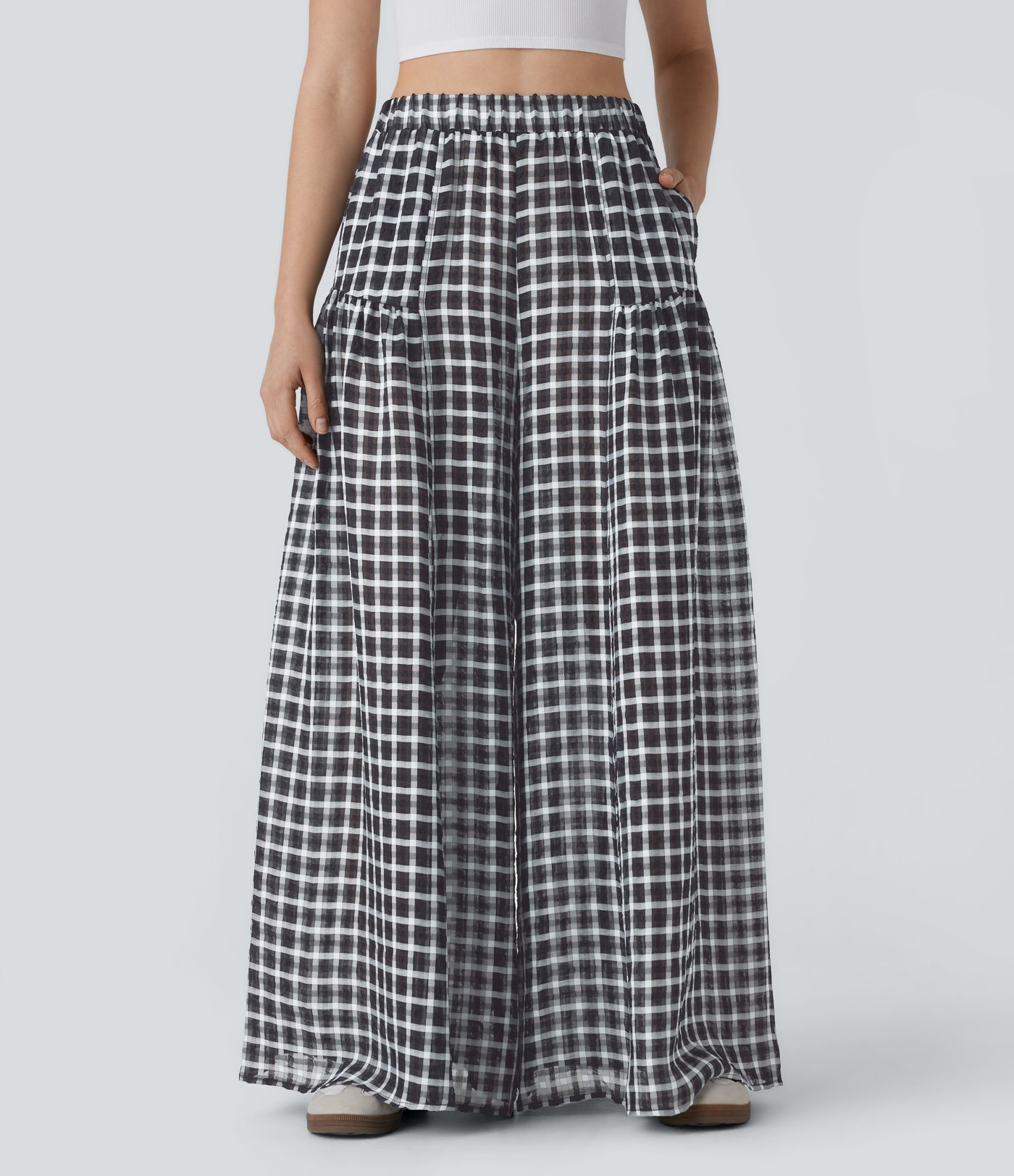 High Waisted Pocket Wide Leg Flowy Plaid Casual Pants
