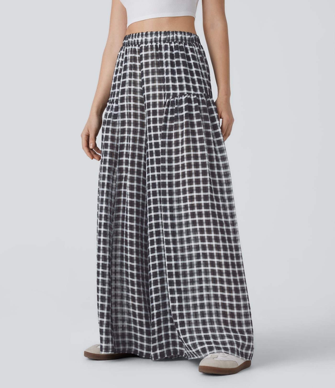 High Waisted Pocket Wide Leg Flowy Plaid Casual Pants