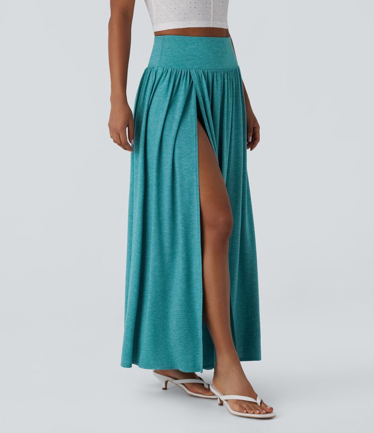 Jupe décontractée maxi fluide 2-en-1 taille haute avec fente
