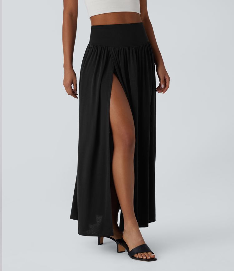 High Waisted 2-in-1 Flowy Maxi Casual Skirt