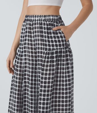 High Waisted Pocket Wide Leg Flowy Plaid Casual Pants