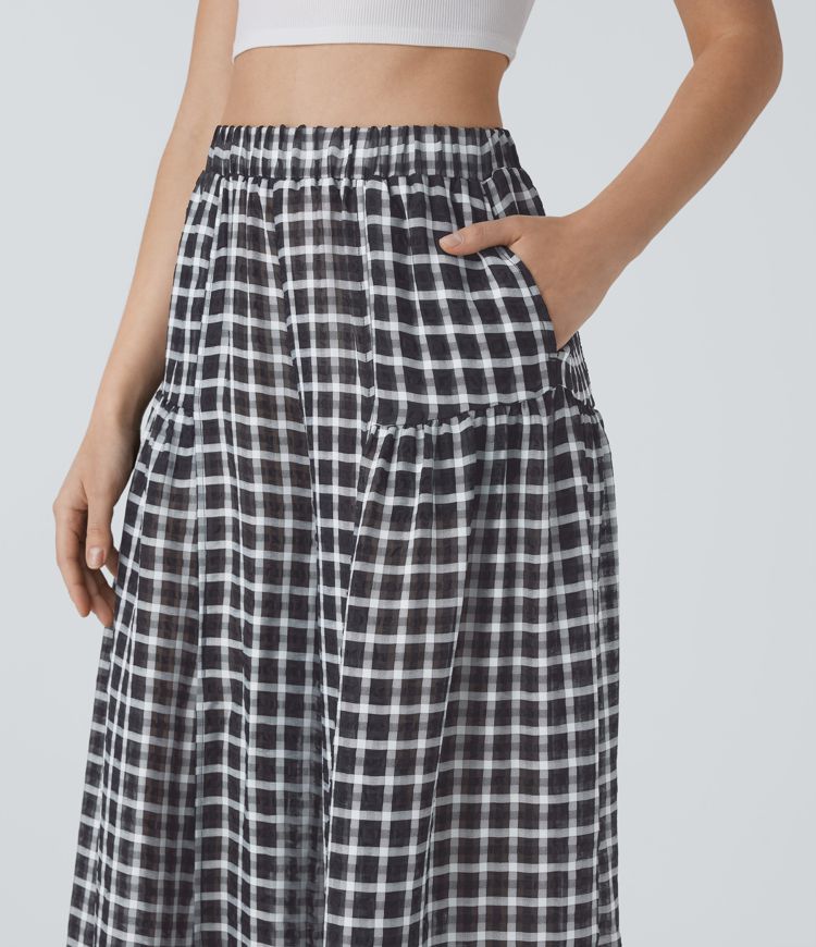 High Waisted Pocket Wide Leg Flowy Plaid Casual Pants