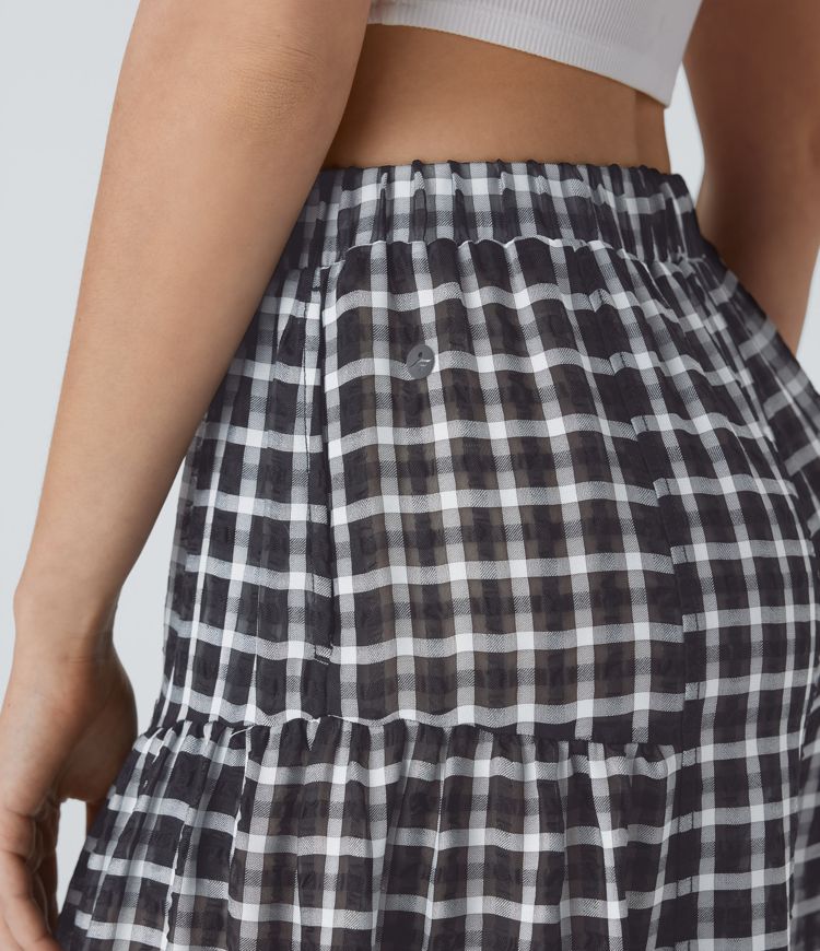 High Waisted Pocket Wide Leg Flowy Plaid Casual Pants