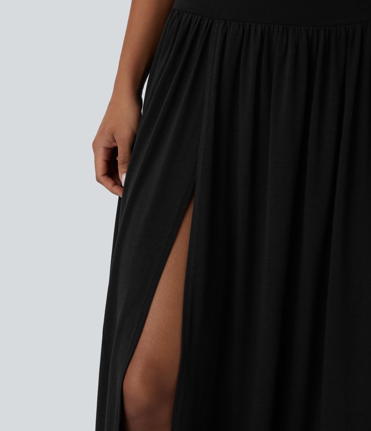 High Waisted 2-in-1 Flowy Maxi Casual Skirt