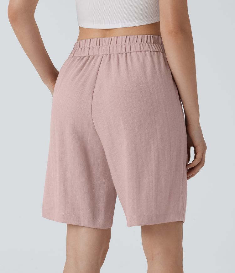 High Waisted Side Pocket Casual Linen-Feel Bermuda Shorts
