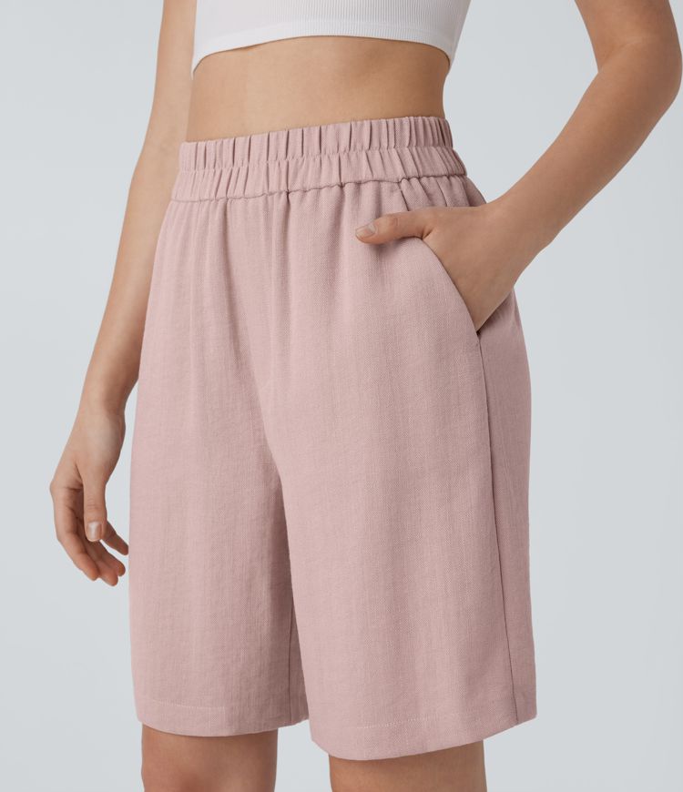 High Waisted Side Pocket Casual Linen-Feel Bermuda Shorts