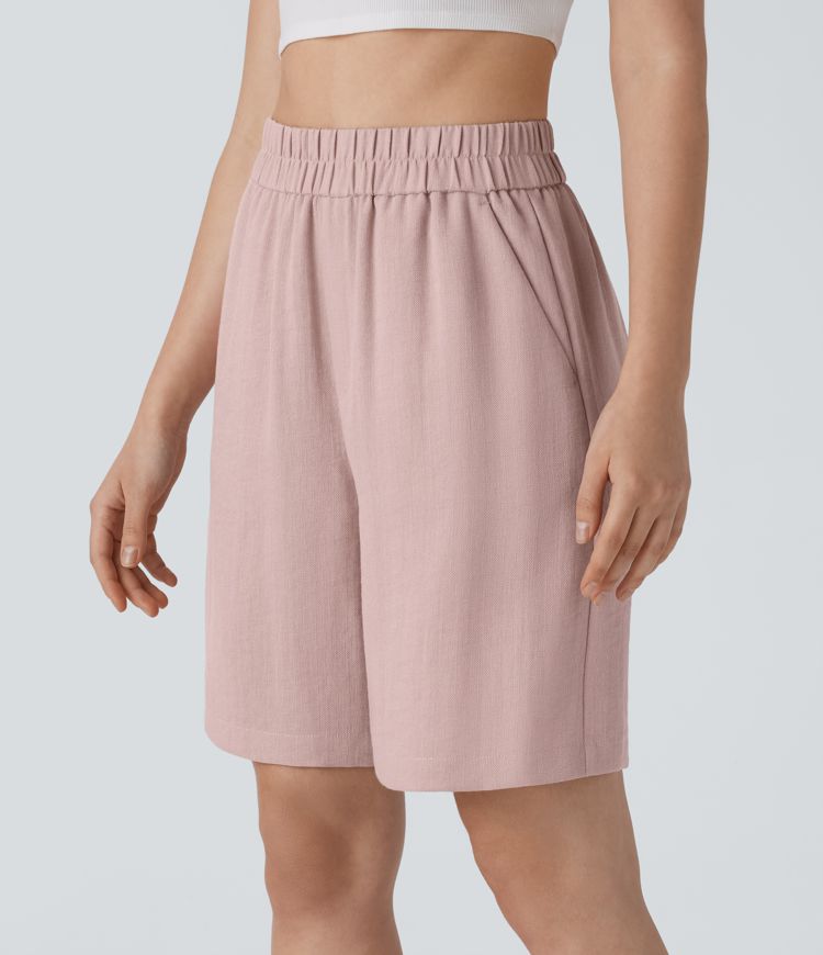 High Waisted Side Pocket Casual Linen-Feel Bermuda Shorts