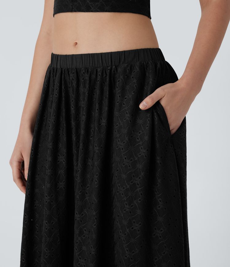 Low Rise Eyelet 2-in-1 Flowy Midi Skirt with Pockets