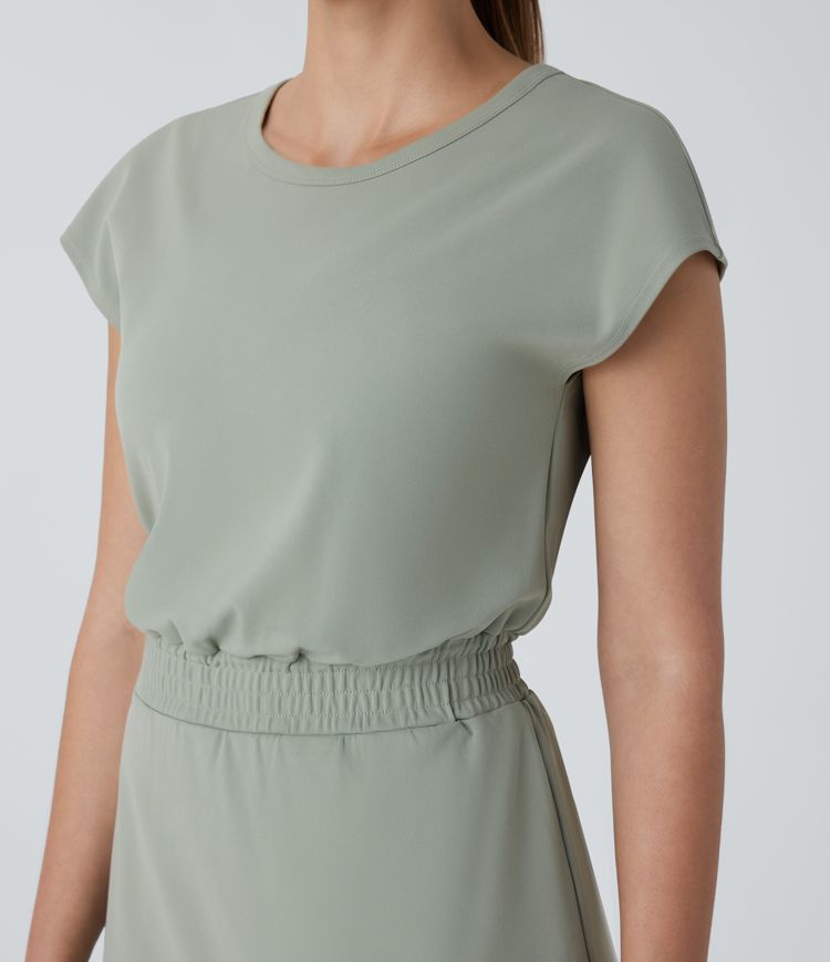 Round Neck Short Sleeve 2-in-1 Side Pocket Split Mini Yoga Active Dress-Easy Peezy Edition